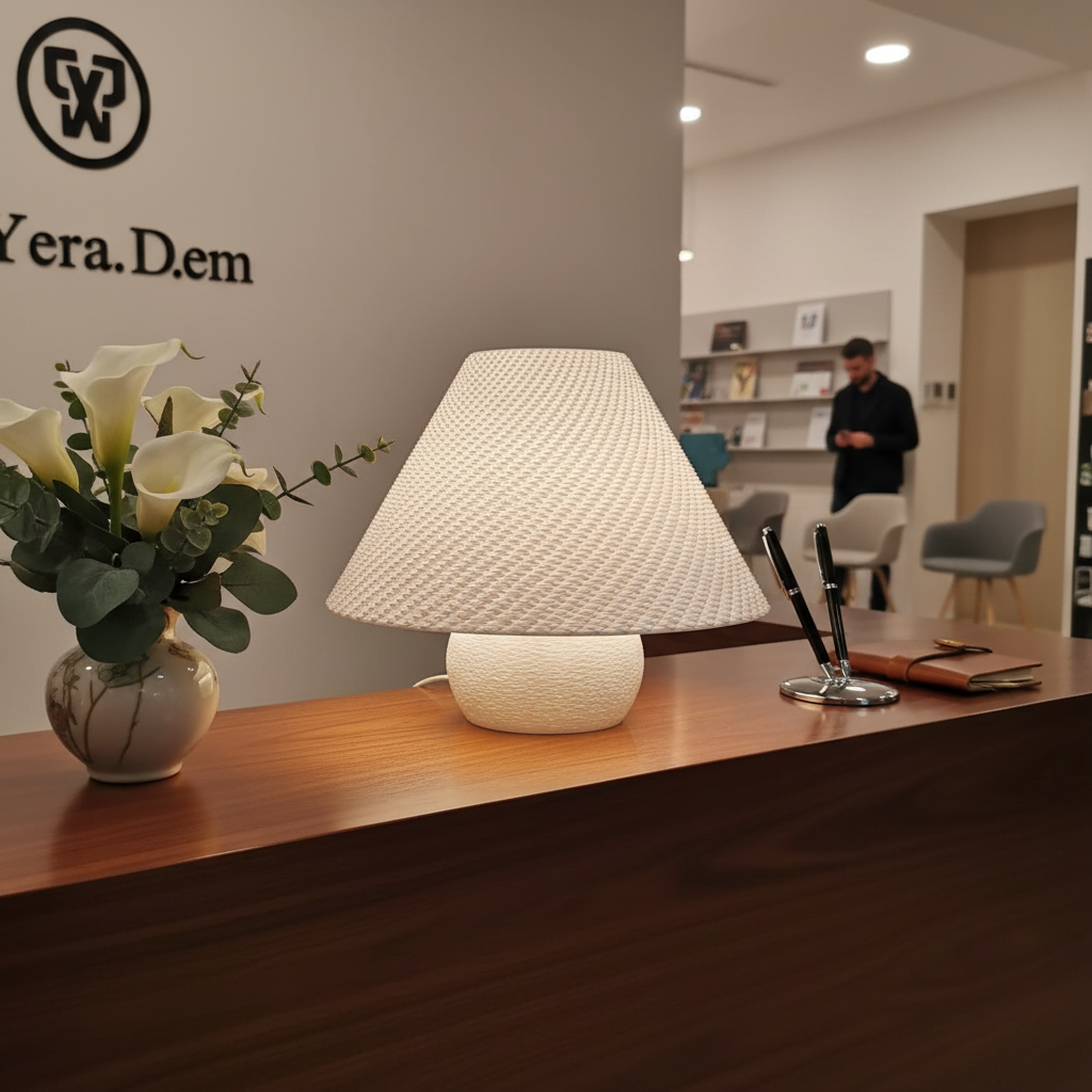 Table lamp on a wooden surface with a vase of flowers and a pen holder, branded 'Yera.Dem' in the background.