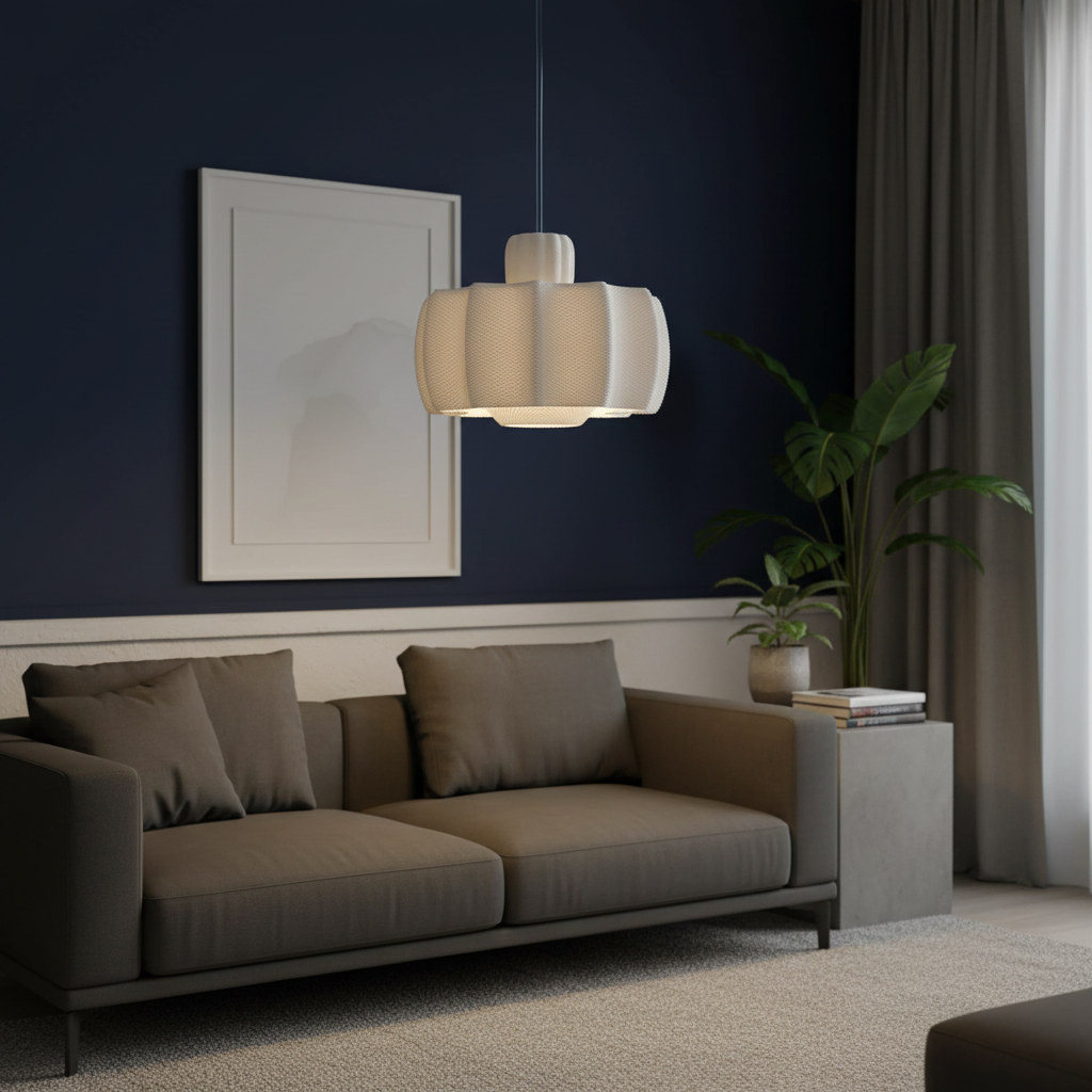 Modern white 3D-printed pendant lamp hanging above a taupe sofa in a minimalist living room with a dark blue accent wall.
