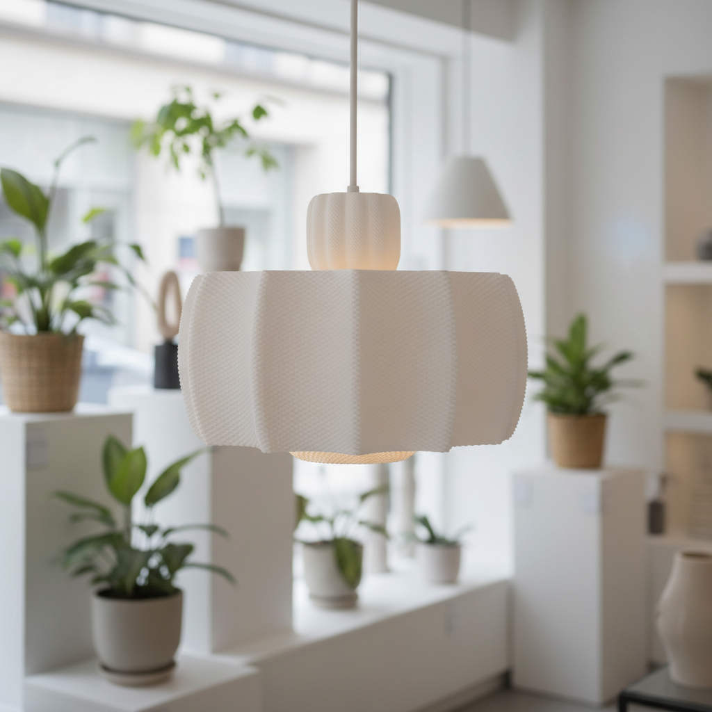BloomShade hanglamp in een minimalistische winkelruimte, met zachte textuur en warm licht.