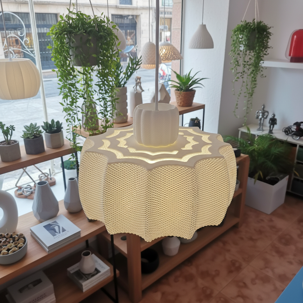 Design pendant lamp with perforated, wavy white shade glowing warmly in a plant-filled interior showroom.