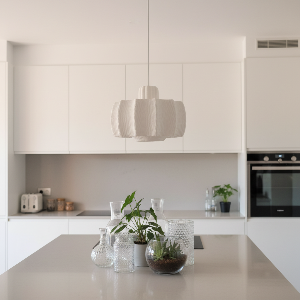Minimalist white pendant lamp hanging above a kitchen island in a bright, modern kitchen.