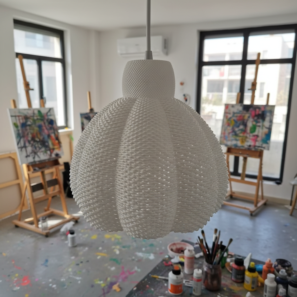 Decorative pendant light in an artist's studio with easels and art supplies.