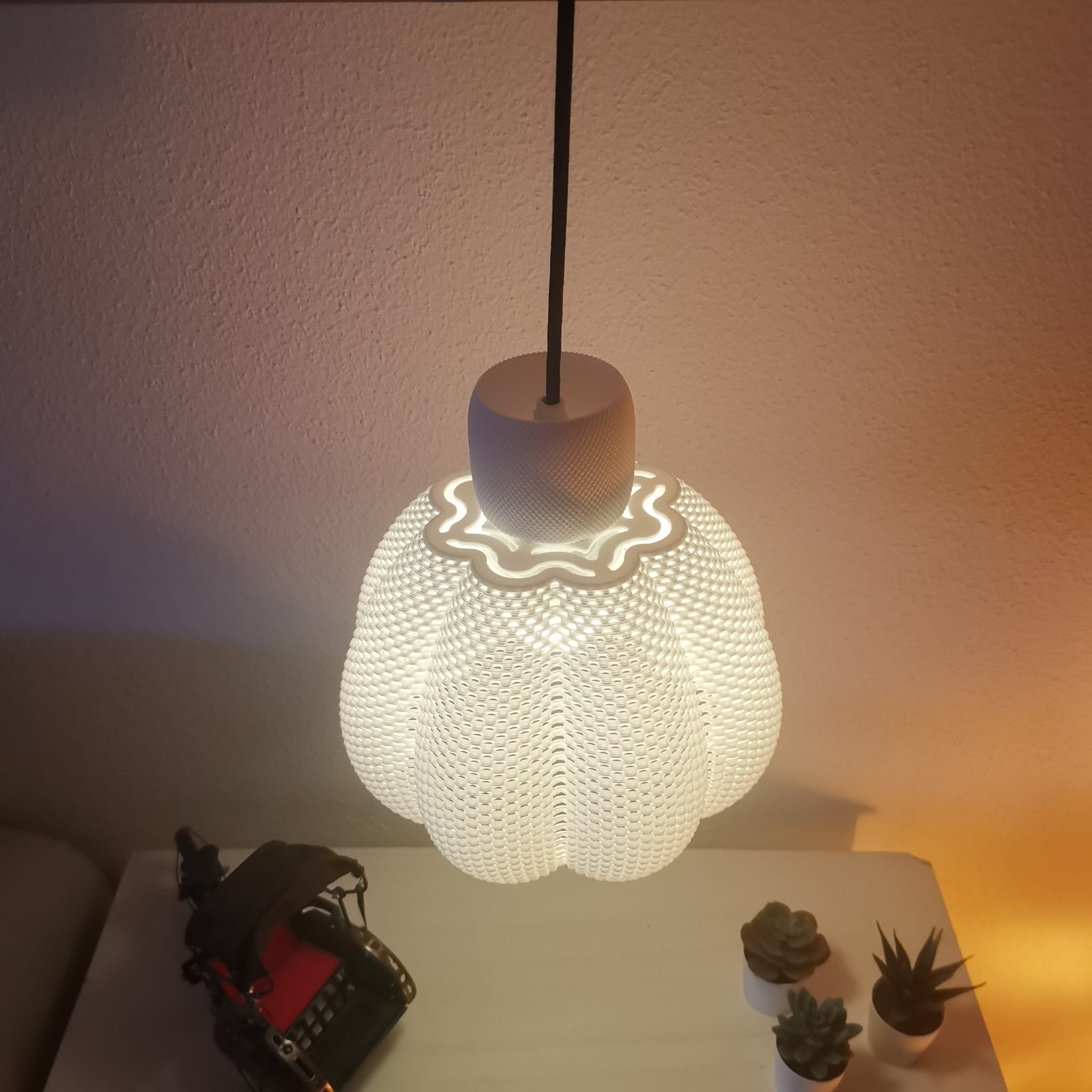 Decorative lamp with a textured design on a table with plants and a remote control.