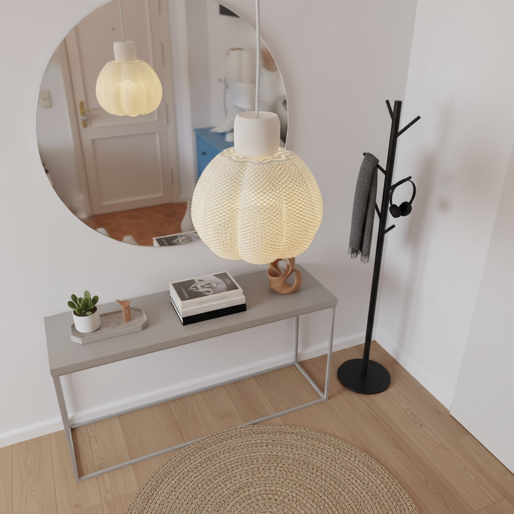 Modern interior with a round mirror, lamp, and coat rack.