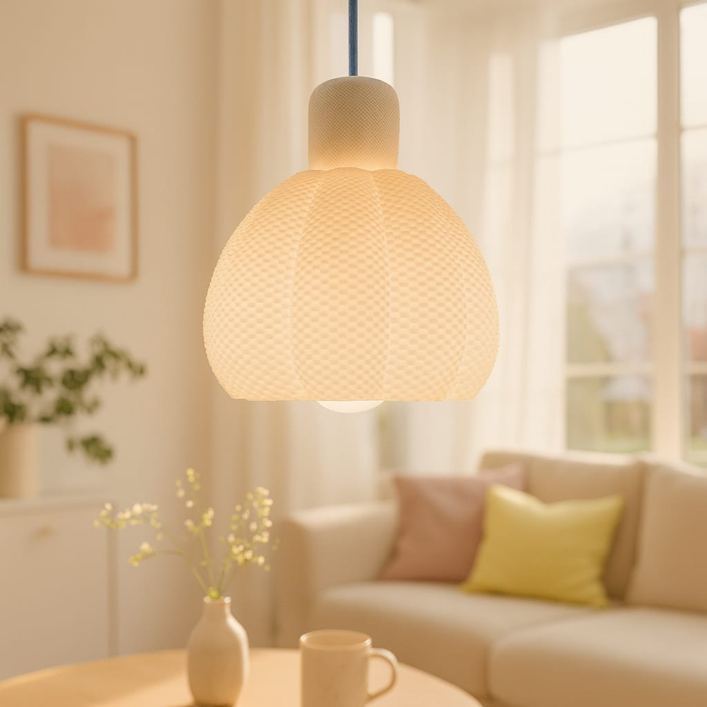 Textured pendant light hanging in a cozy living room with a couch and table.