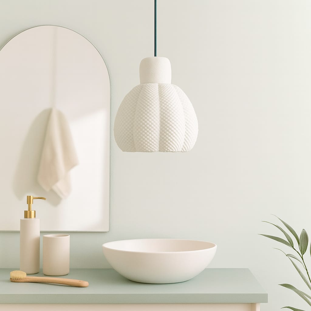 Bathroom setup with a mirror, lamp, sink, and toiletries on a light green countertop.