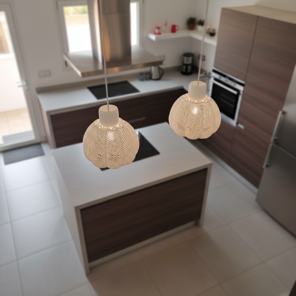Modern kitchen with pendant lights hanging above a countertop