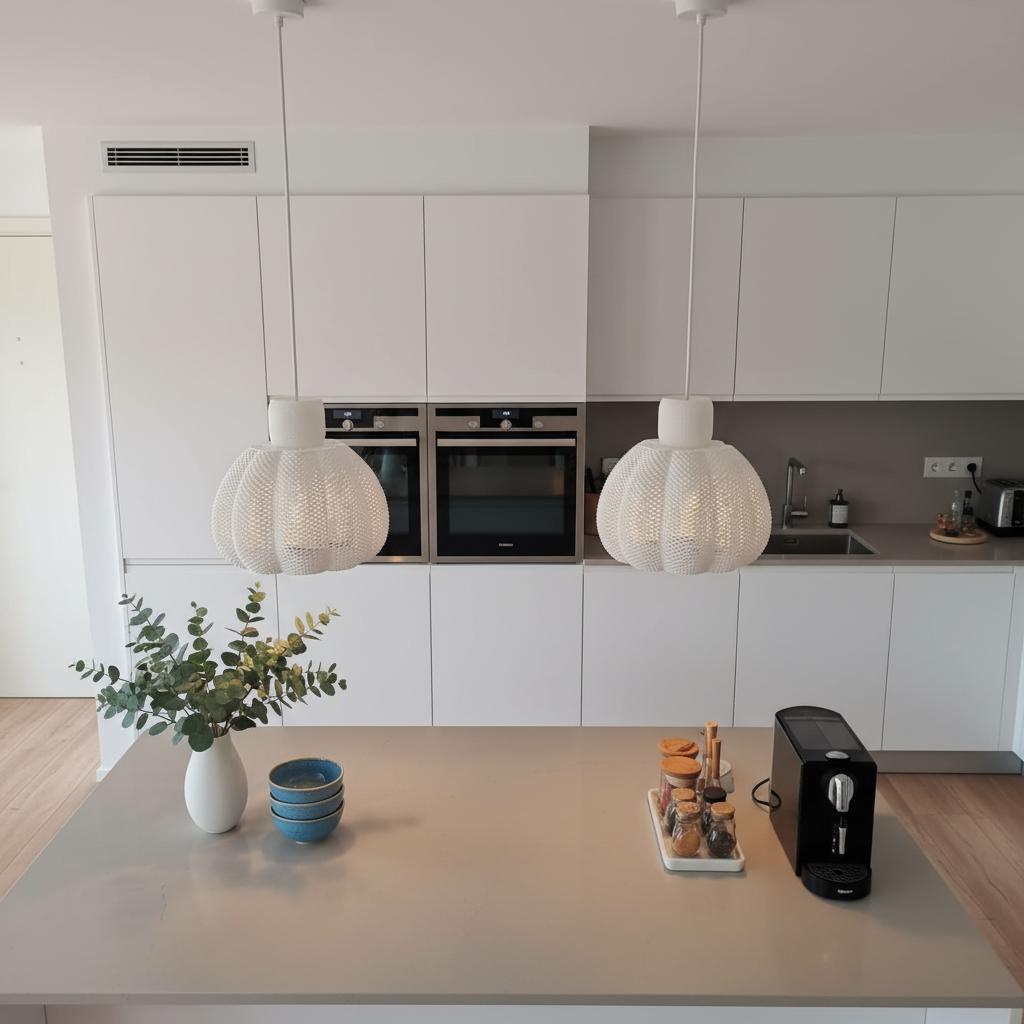 Modern kitchen with white cabinets, a countertop, and decorative items.