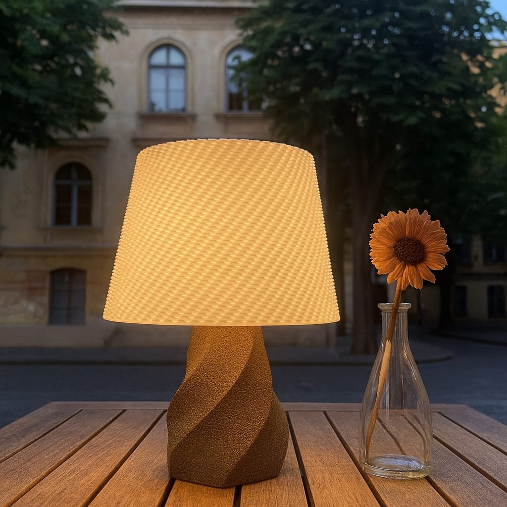 Table lamp with textured base and woven shade on a wooden table, sunflower in a vase in the background.