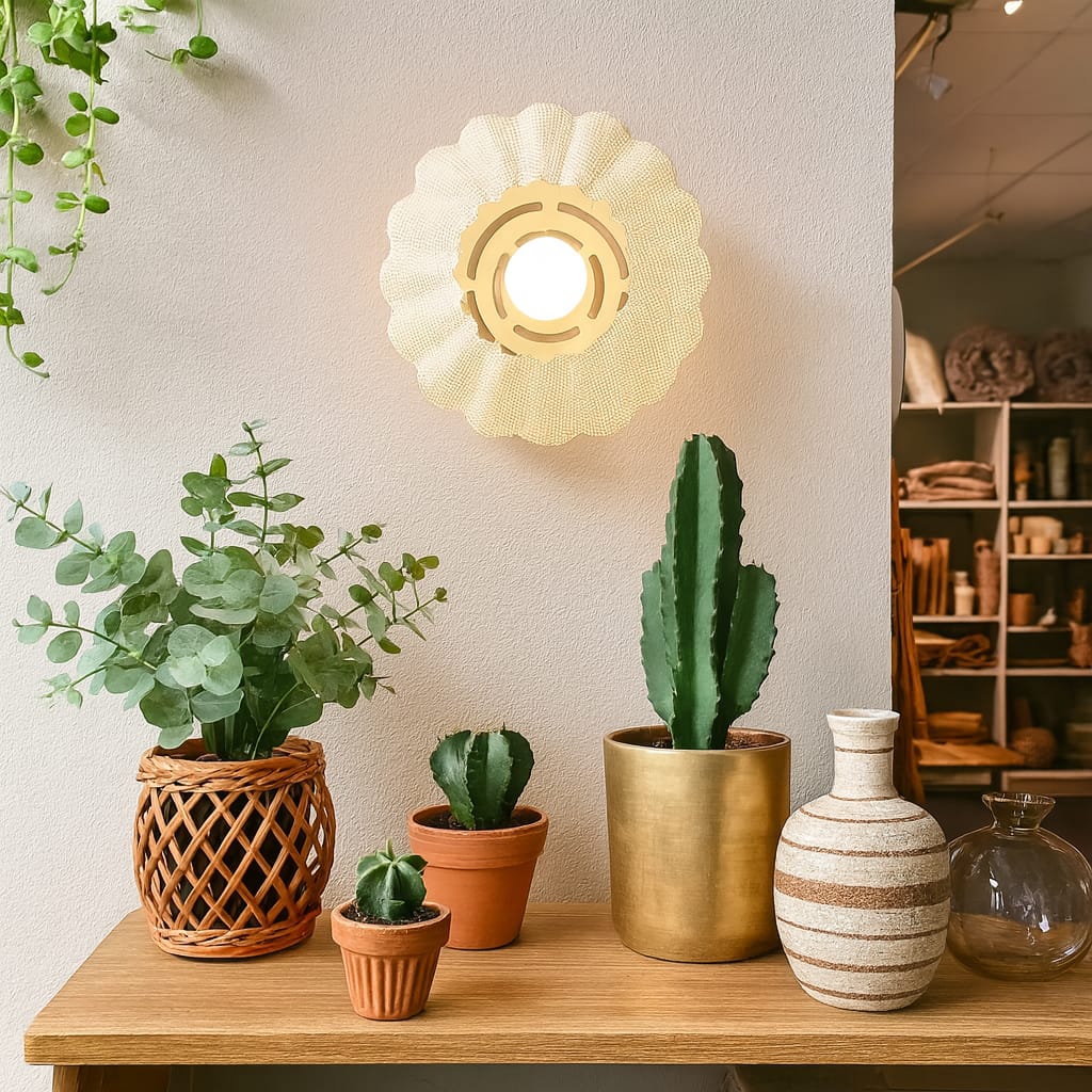 Table with potted plants and decorative vases against a wall with a sun-shaped light fixture.