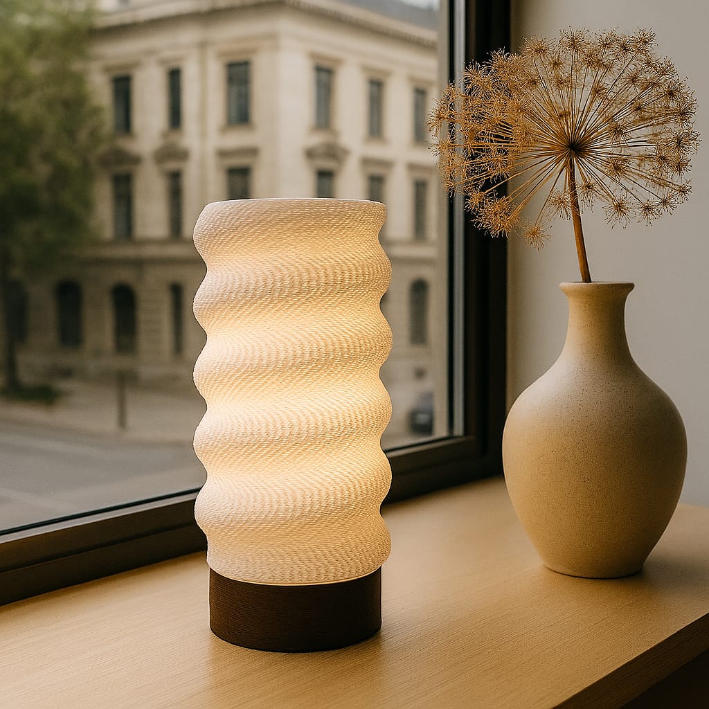 Decorative lamp with ribbed design on a wooden surface near a window with a building view.