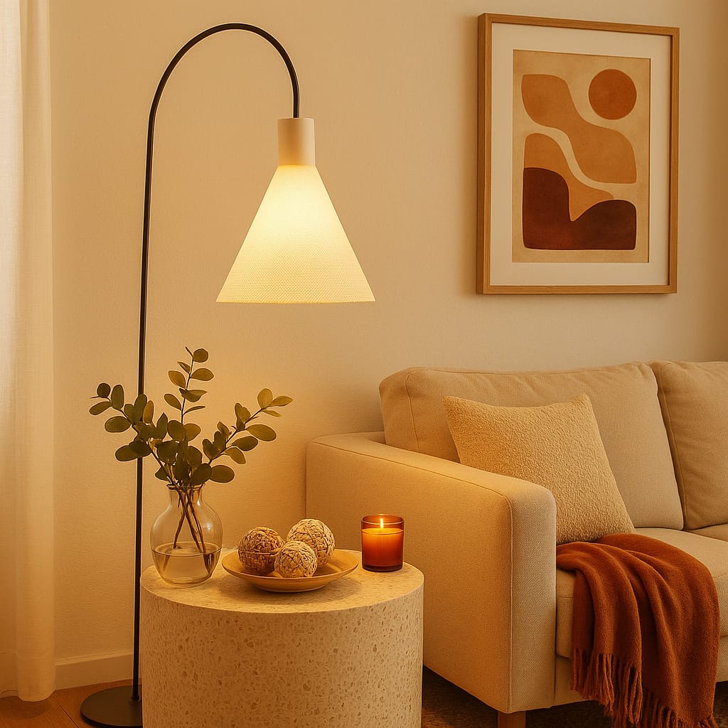 Cozy living room with a floor lamp, candle, and decorative items.