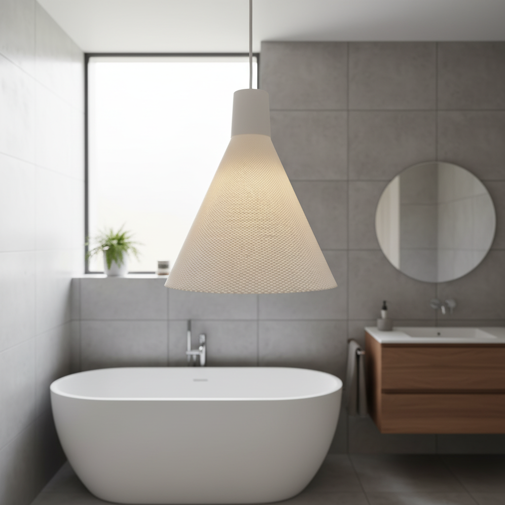 Minimalist white cone-shaped pendant light hanging above a freestanding bathtub in a modern gray tiled bathroom.
