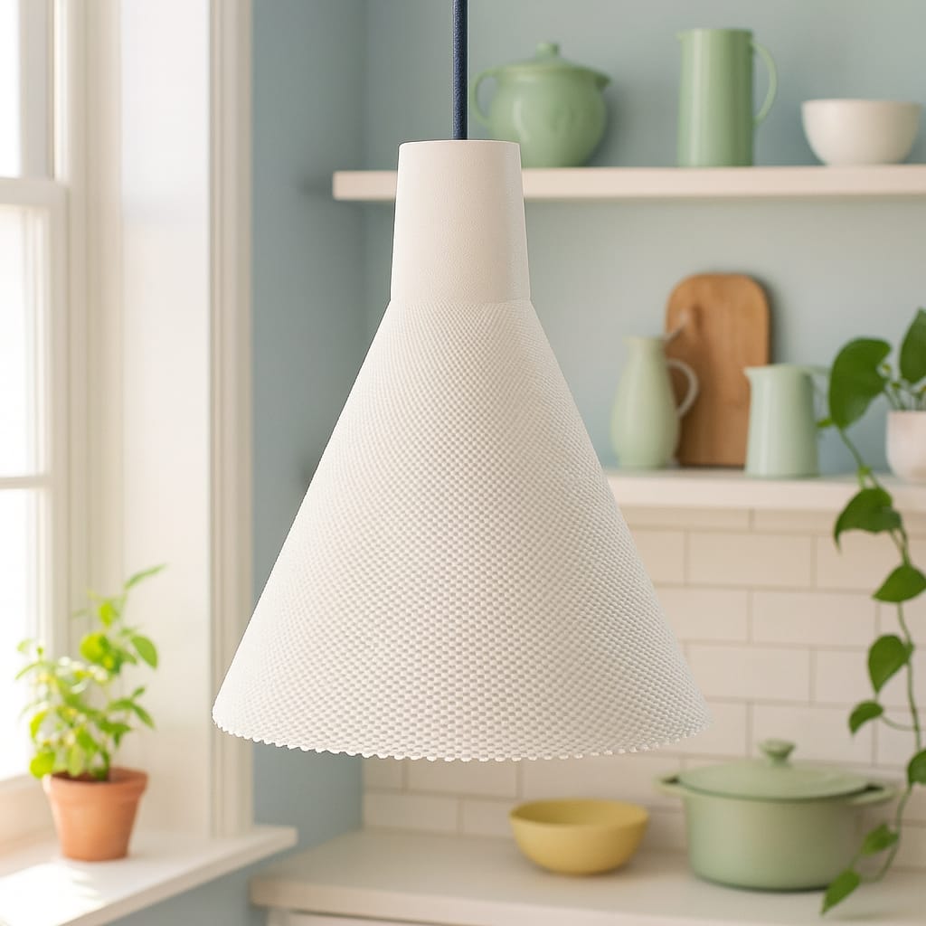 White textured pendant lamp in a kitchen setting with green decor