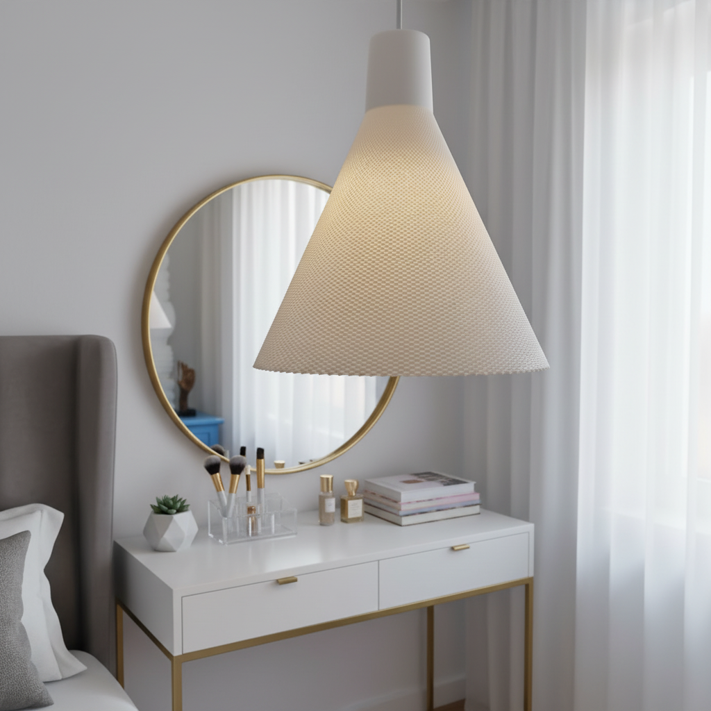 White cone-shaped pendant light hanging above a vanity table in a bright bedroom with a round mirror and soft decor.
