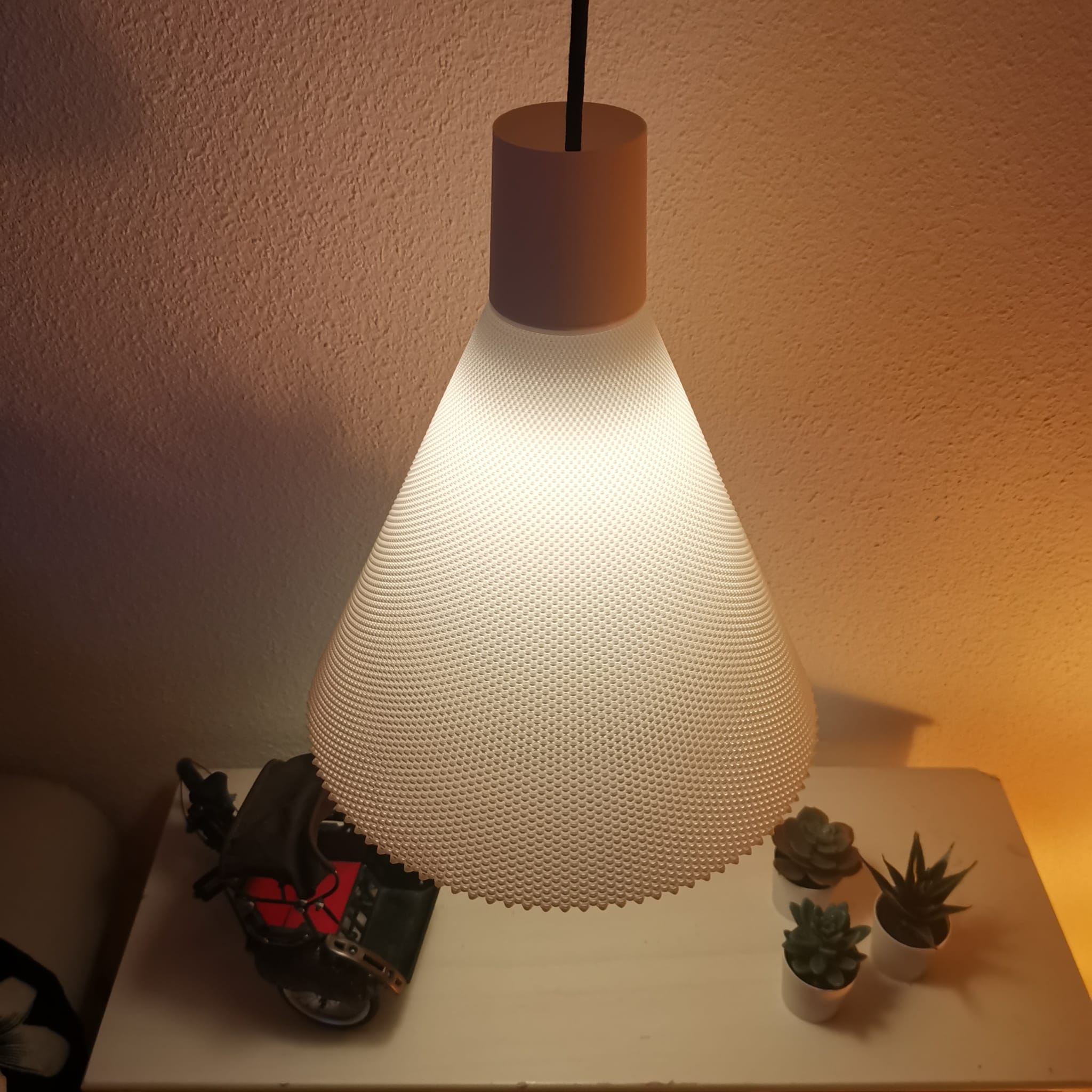 Modern pendant light with textured design on a white surface with small plants