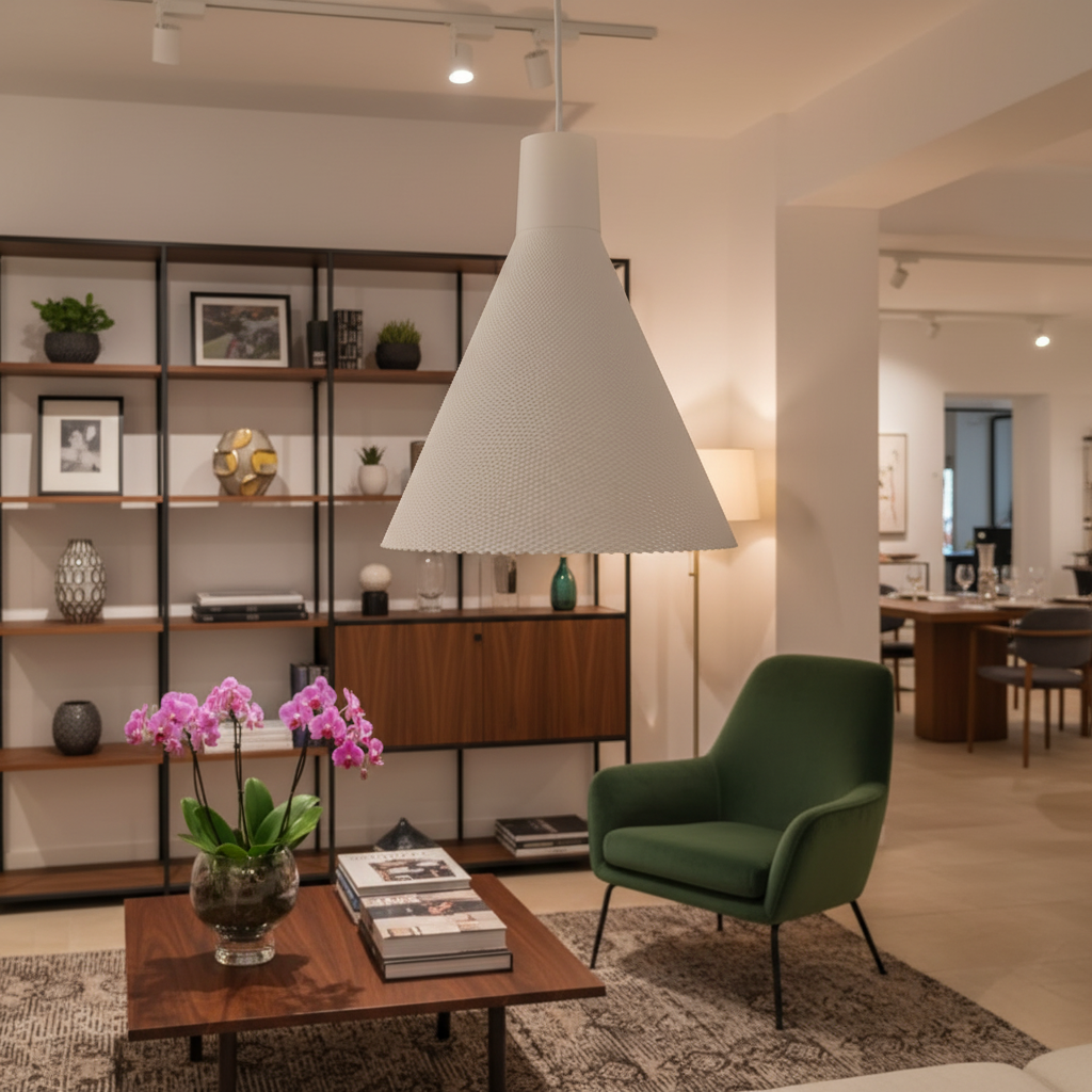 White textured cone pendant light hanging above a living room seating area with shelving and warm ambient lighting.