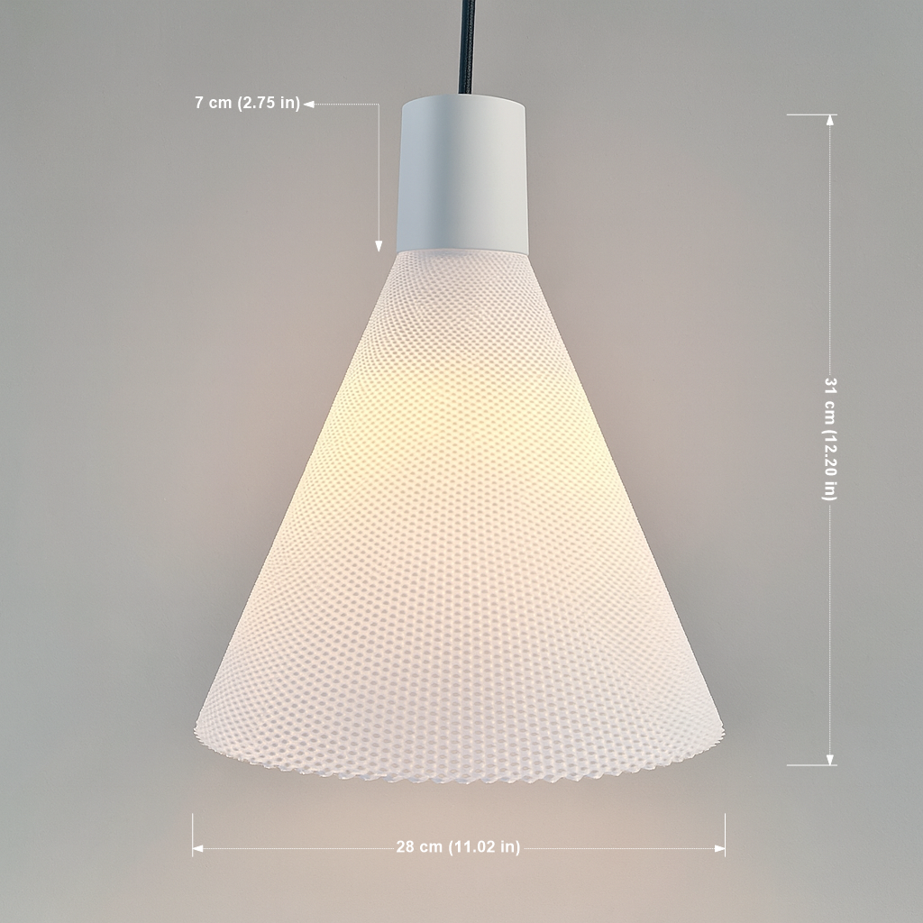 White textured pendant light with dimensions indicated on a gray background