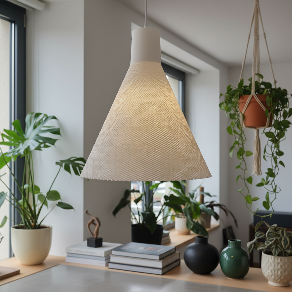 White textured cone pendant light hanging above a wooden desk surrounded by houseplants in a bright interior.