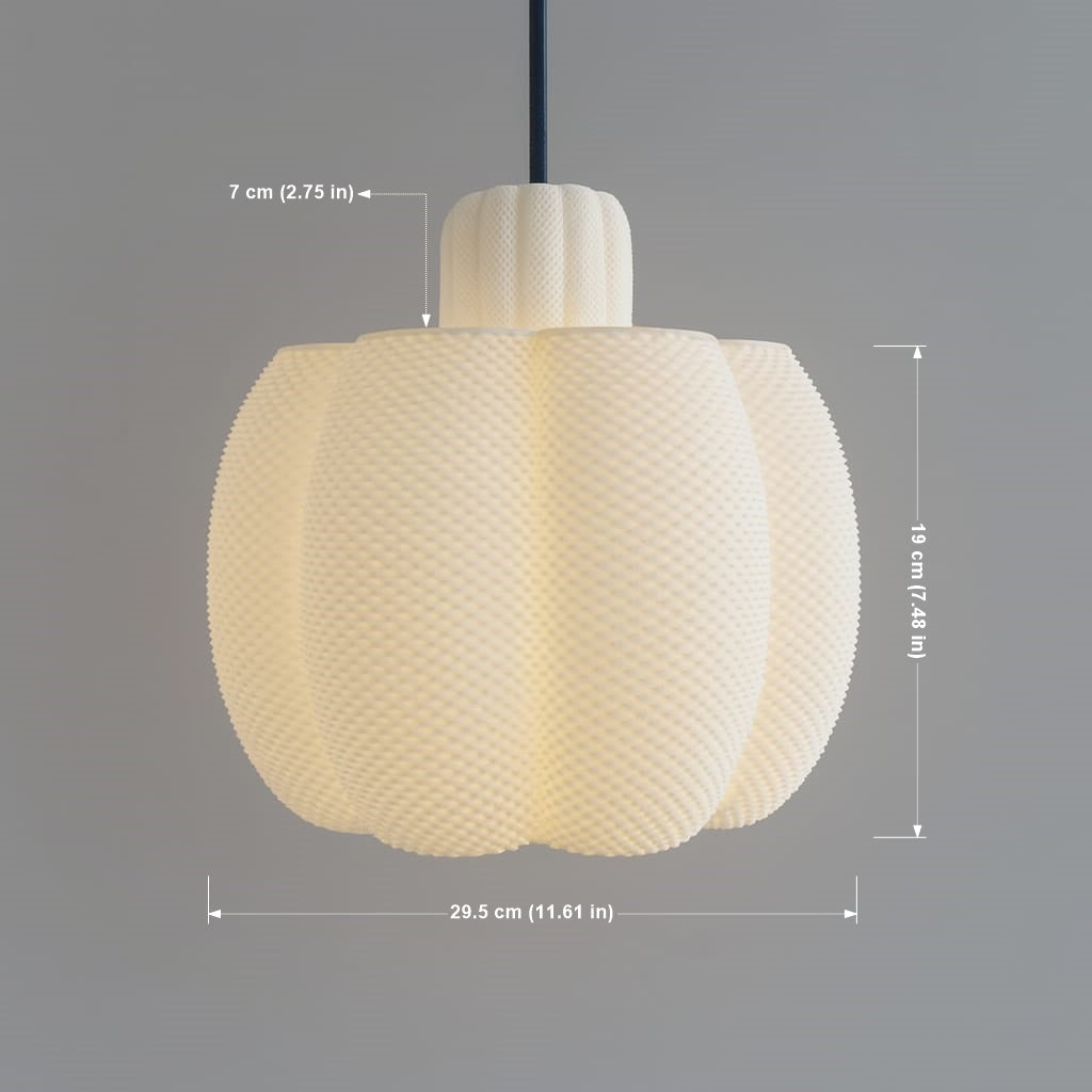 White textured pendant light with dimensions on a gray background