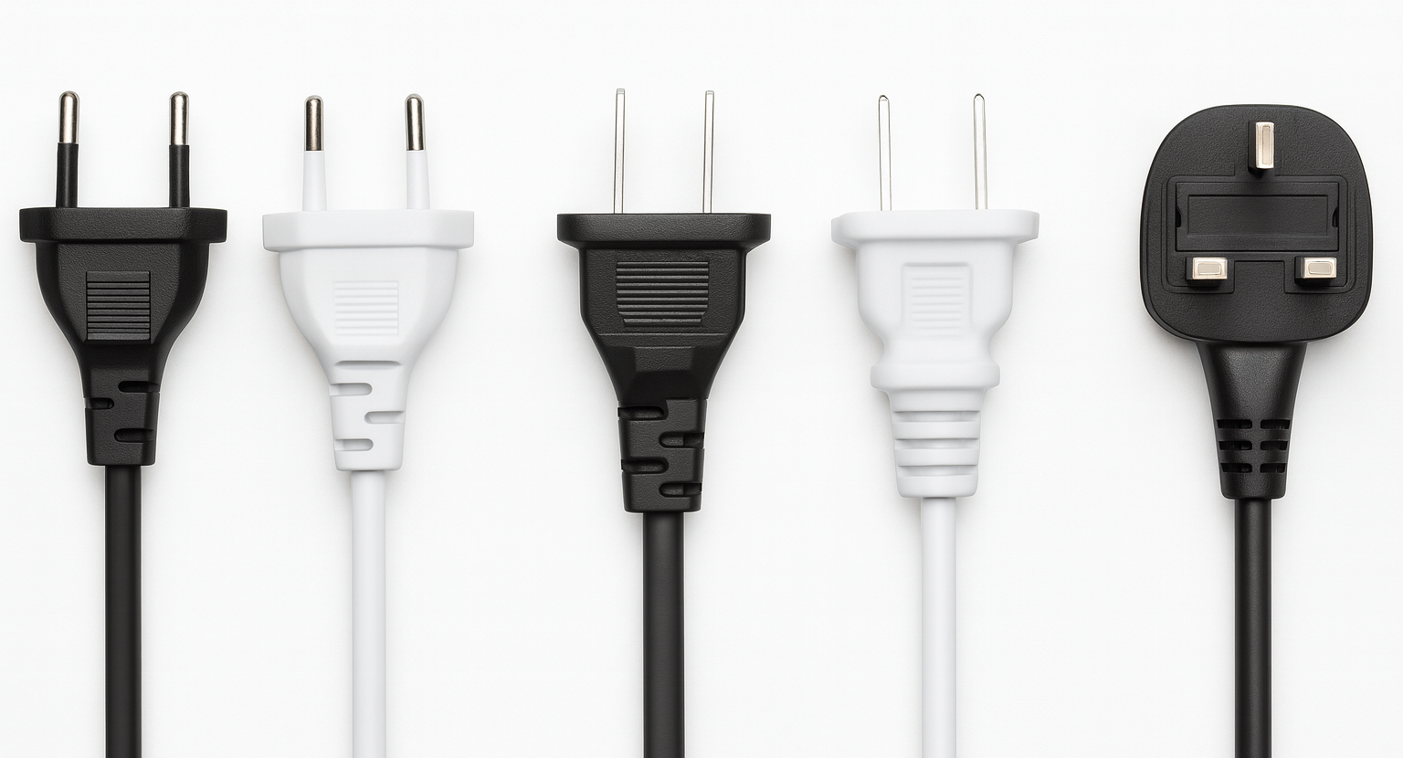 Set of various electrical plugs on a white background