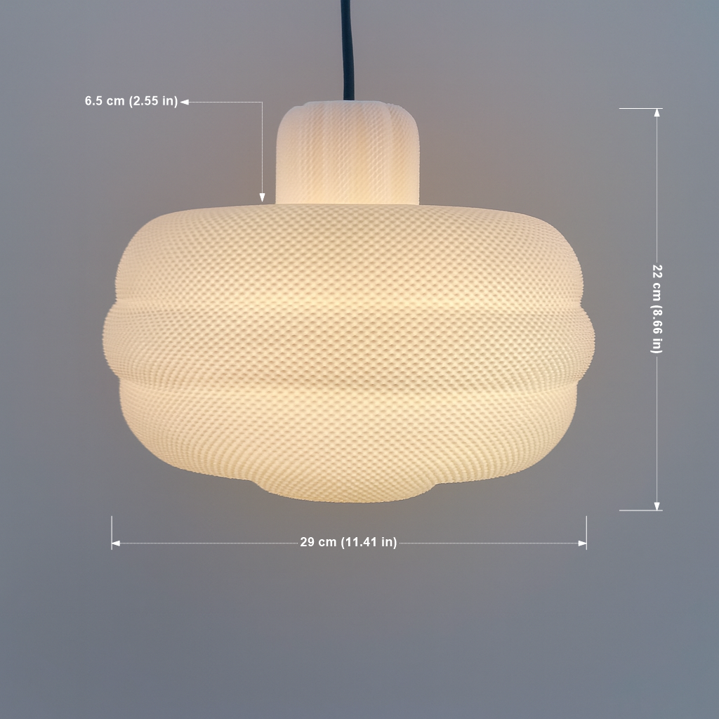 Pendant light with dimensions indicated on a gray background