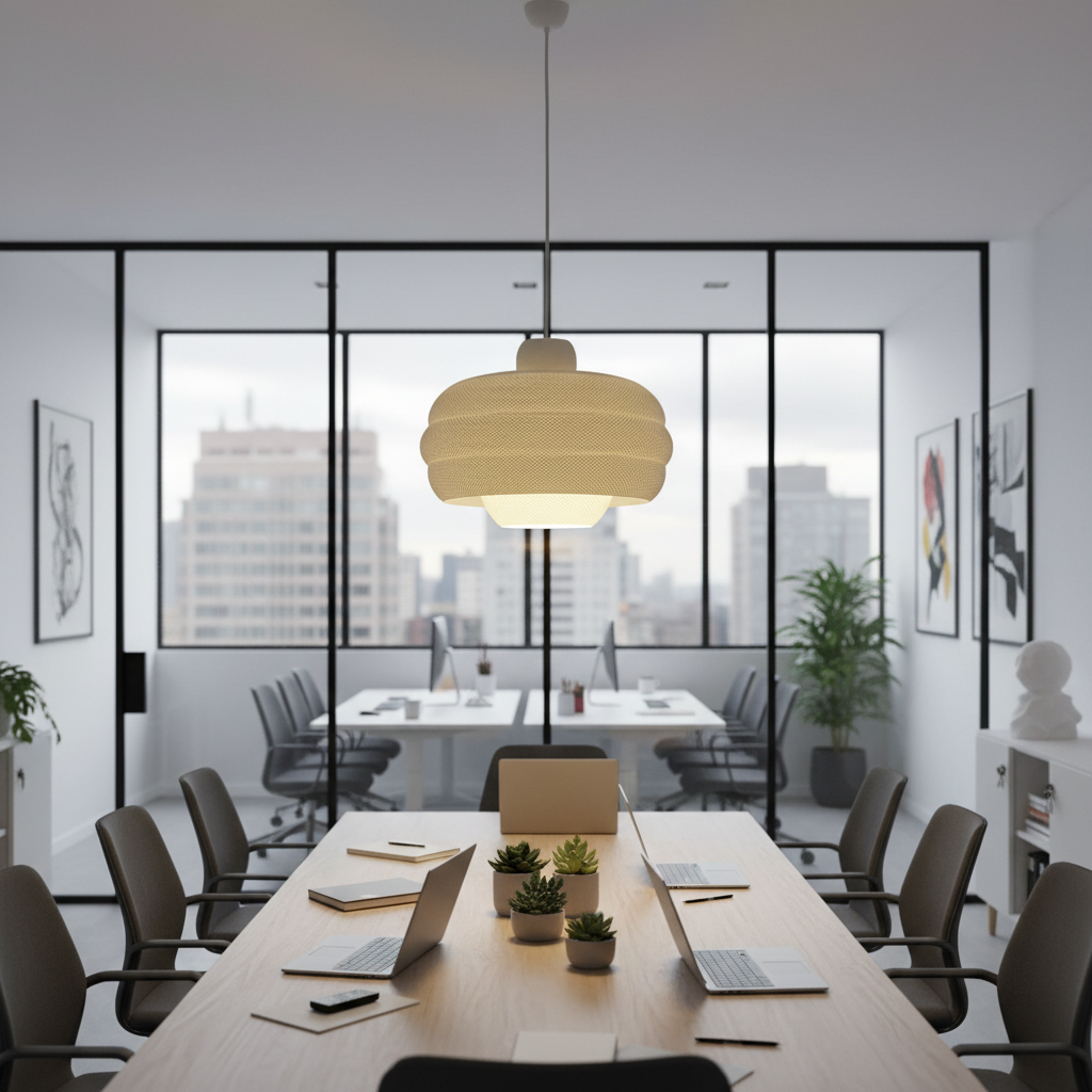 Modern pendant light centered above a contemporary office meeting table with glass walls