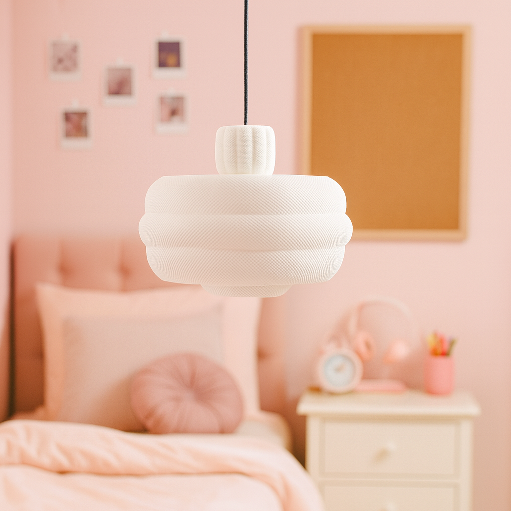 White textured pendant light in a bedroom with pink walls and decor.