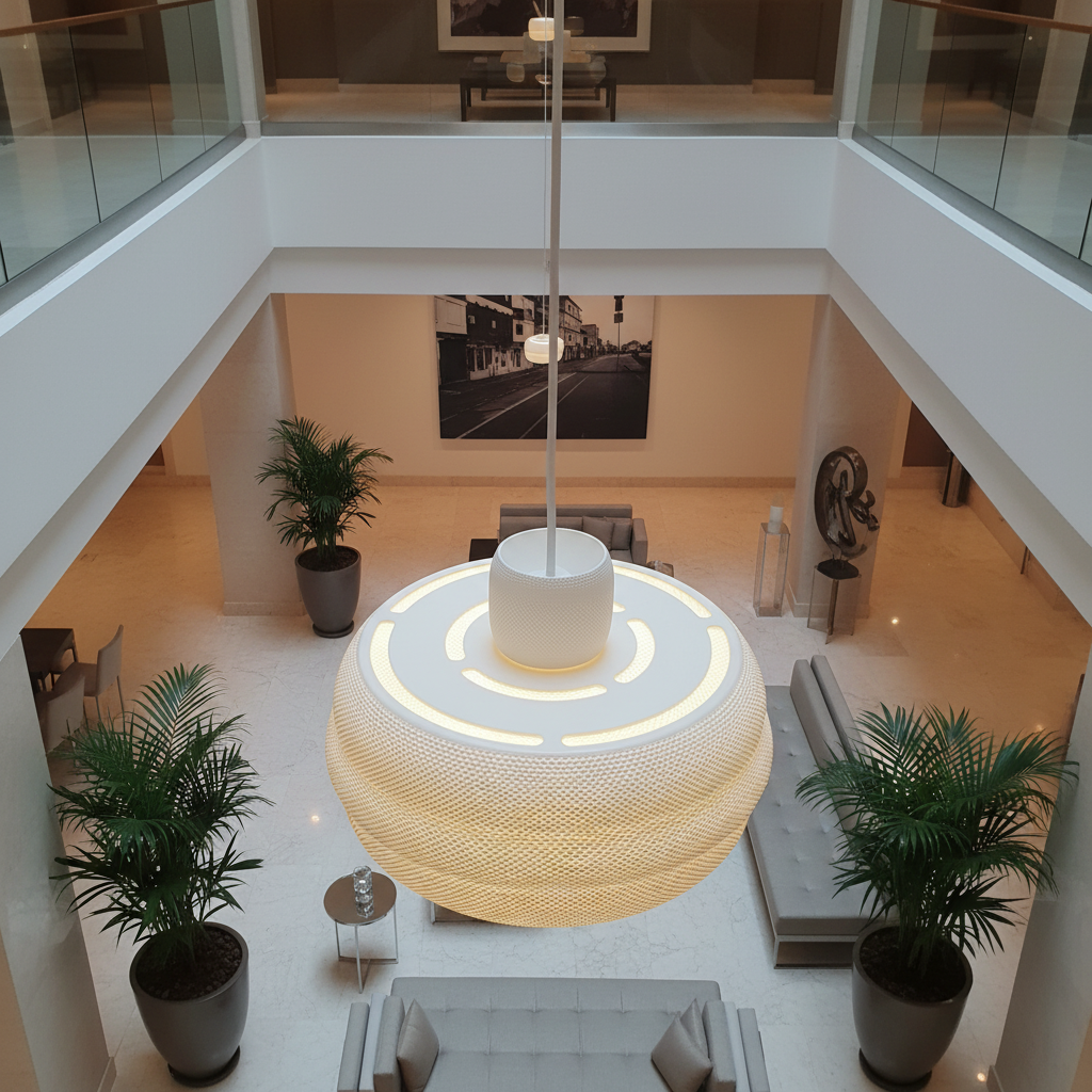 Large designer pendant lamp illuminating a double-height living space from above.