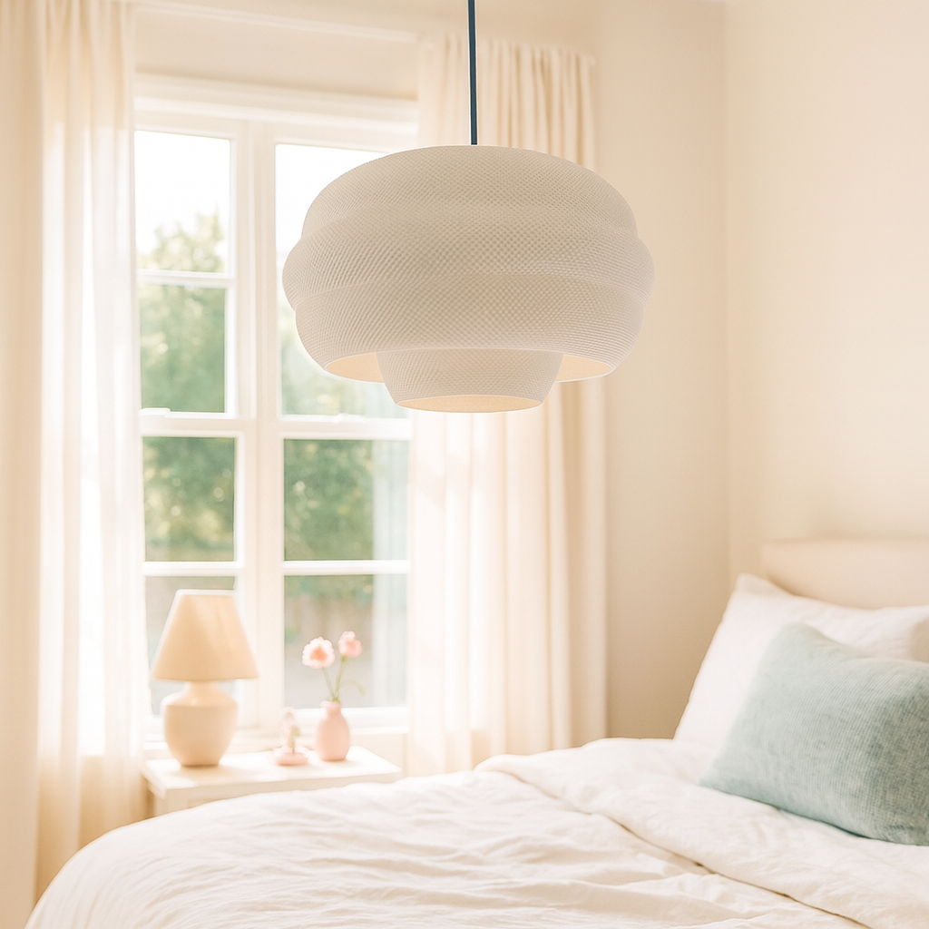 Neatly made bed with a decorative lamp and window in a bedroom setting