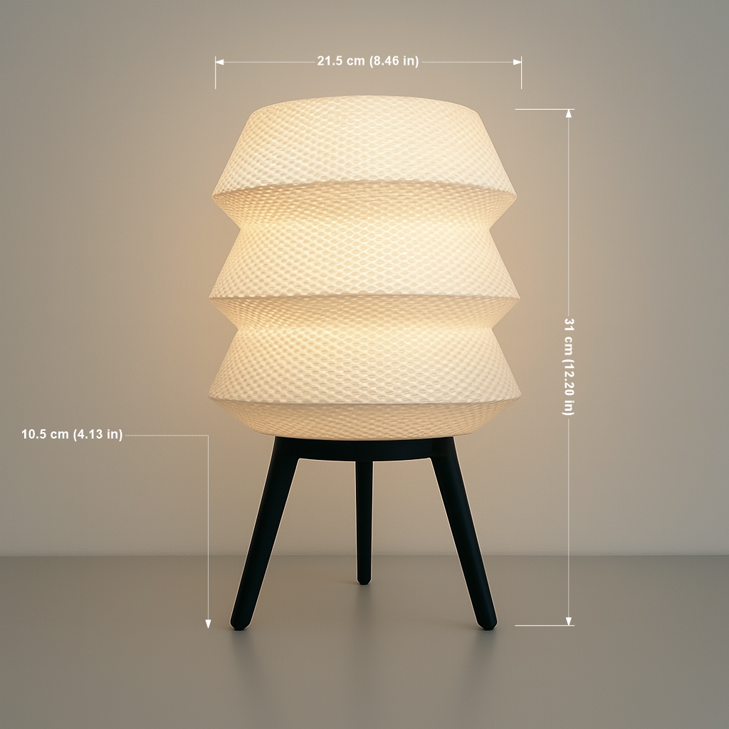 Table lamp with textured white shade and black base, shown with dimensions on a neutral background.