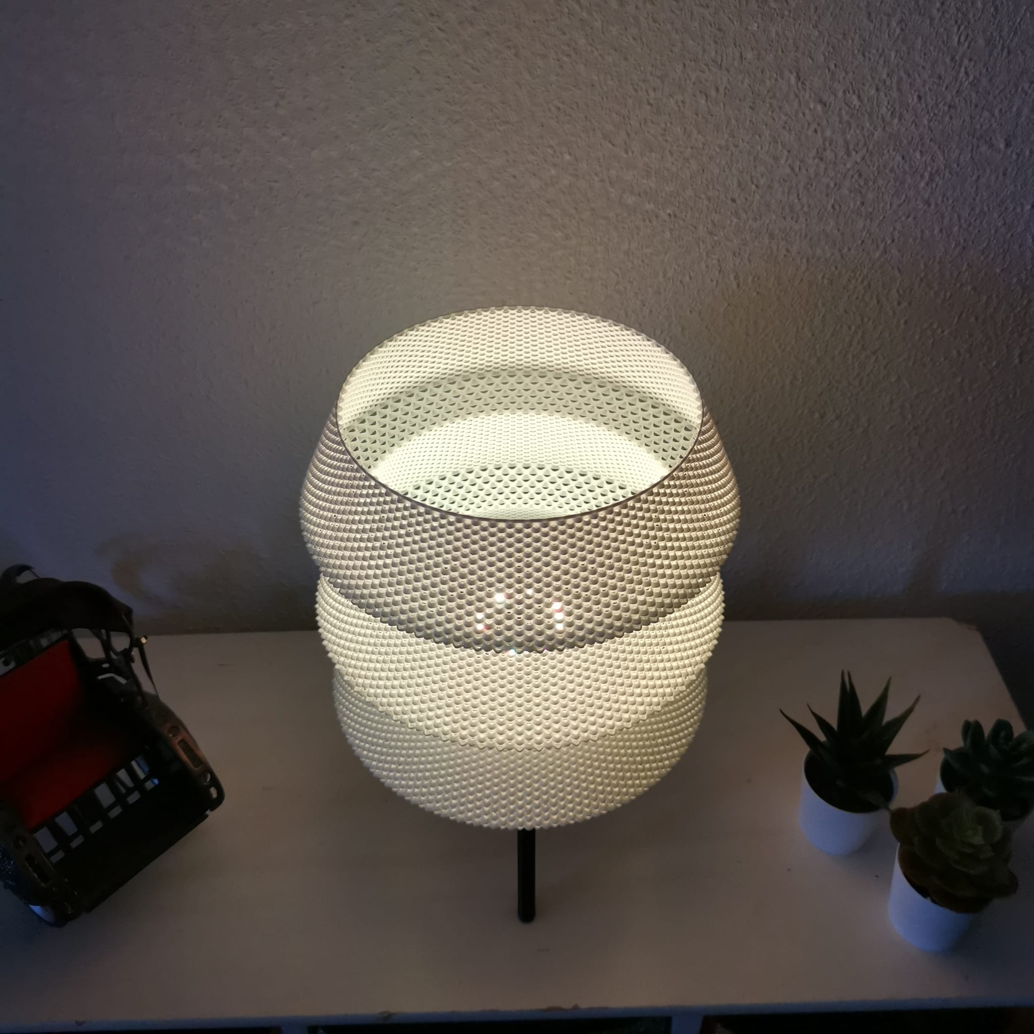 Decorative lamp with mesh design on a table next to small plants