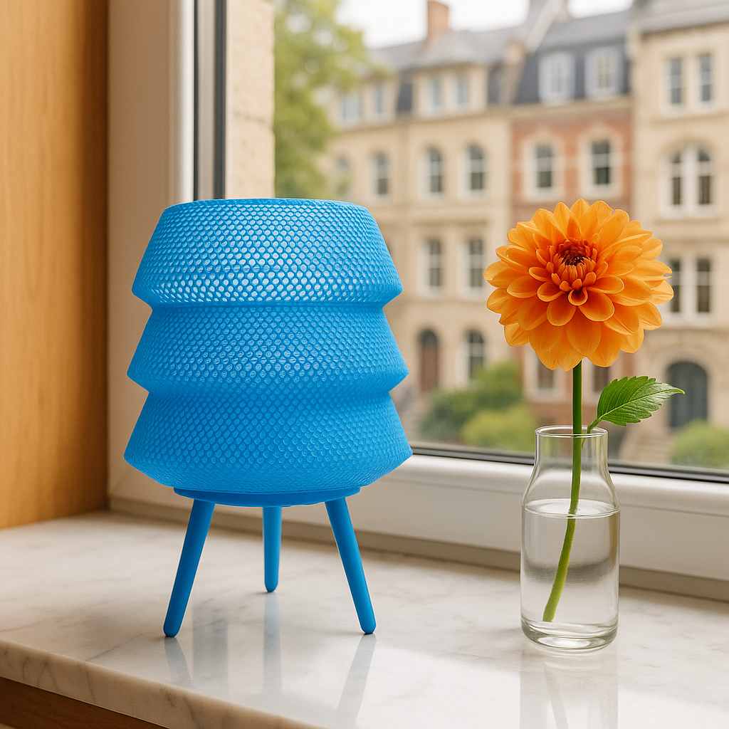 Blue textured table lamp next to a window with a vase of an orange flower