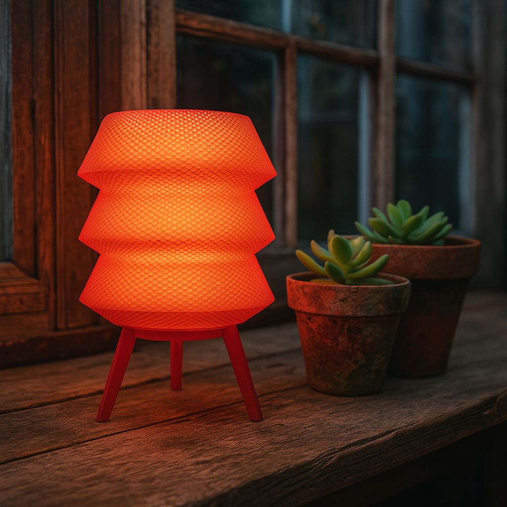 Orange textured lamp on a wooden surface with potted plants in the background