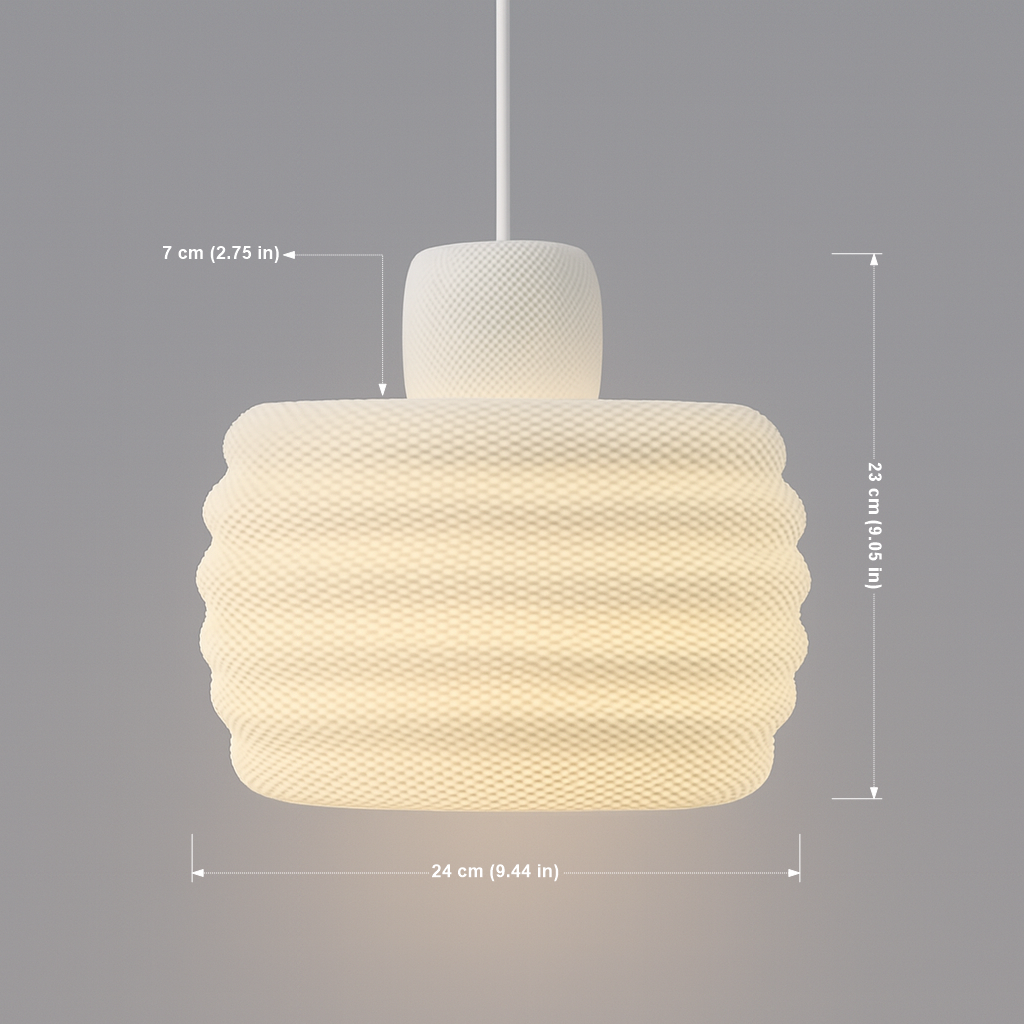 Beige woven pendant light with dimensions on a gray background