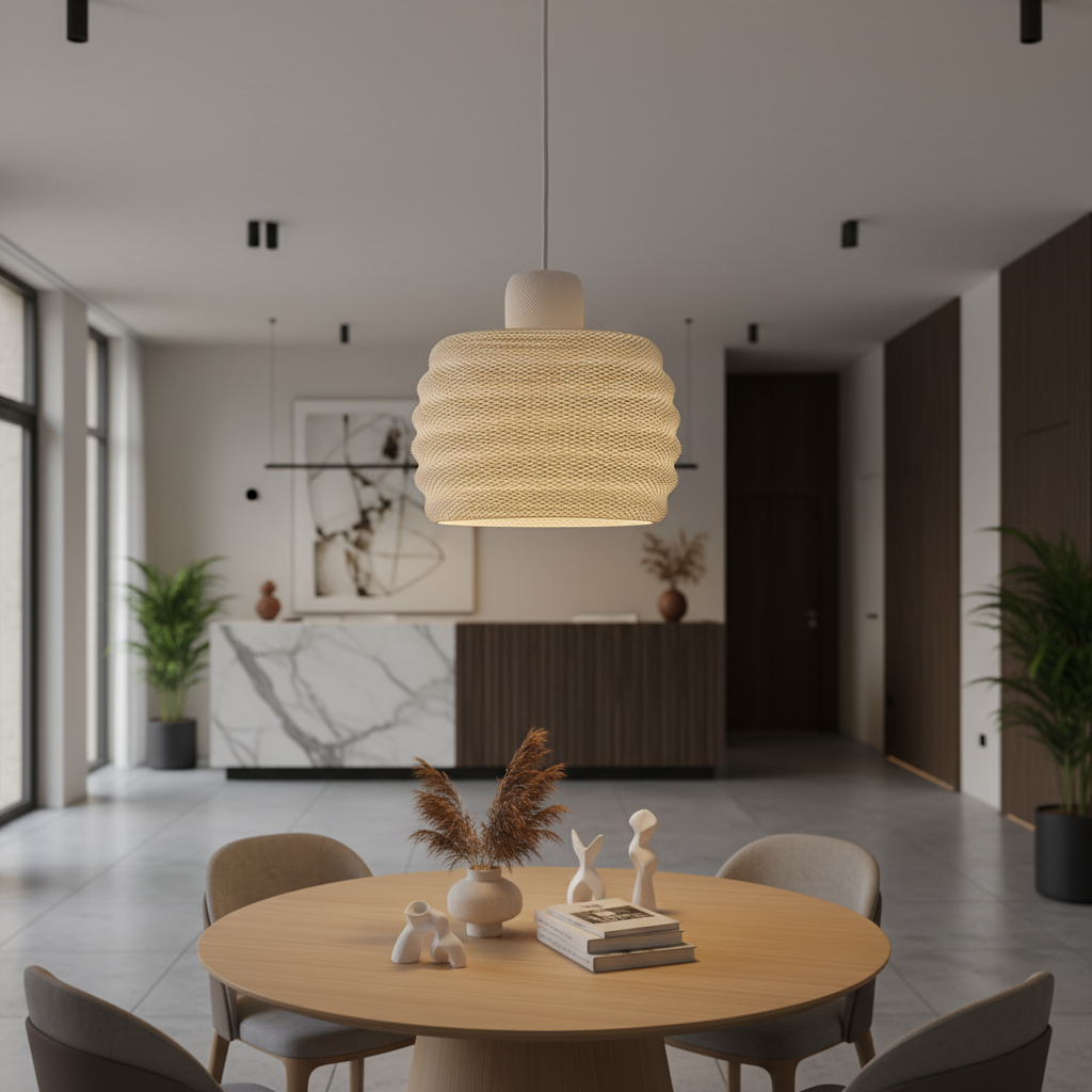 Textured woven pendant light hanging above a round wooden dining table in a modern minimalist interior.