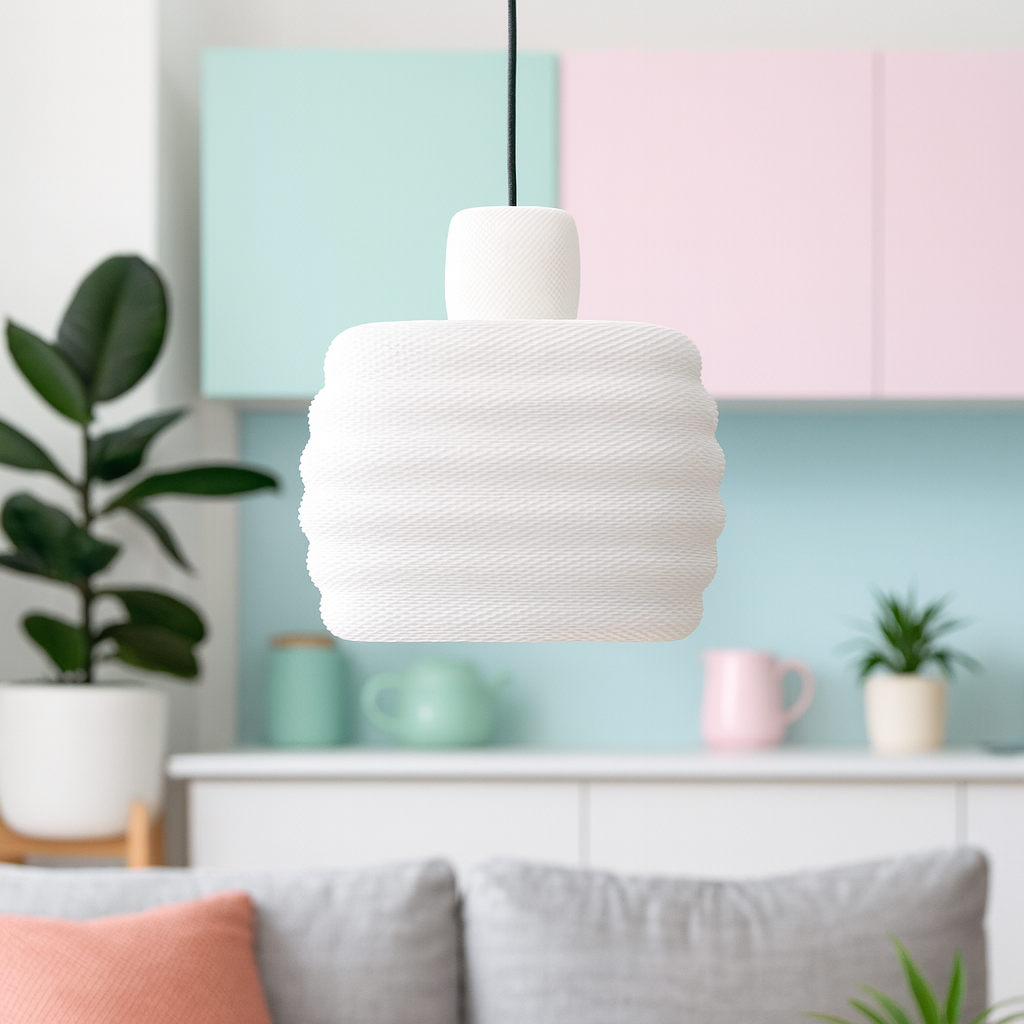 White woven pendant light in a living room setting with pastel colors and plants.
