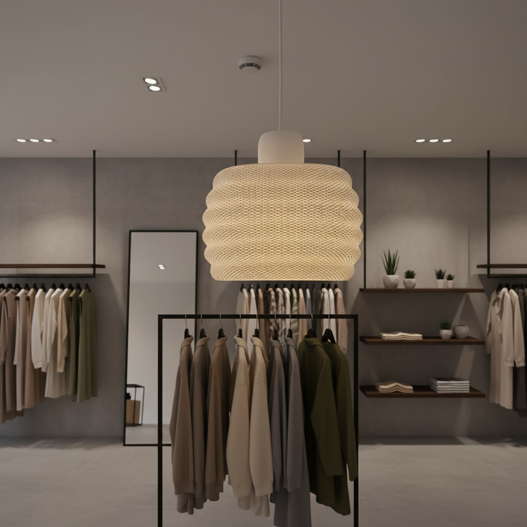 Natural fiber pendant lamp displayed in a contemporary clothing boutique with neutral-toned garments.