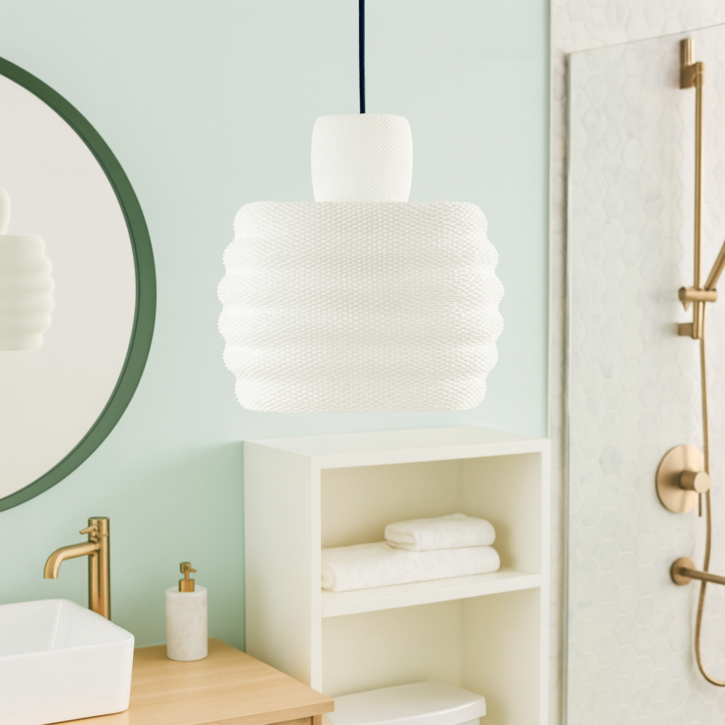 Bathroom interior with a round mirror, white pendant light, and gold fixtures.