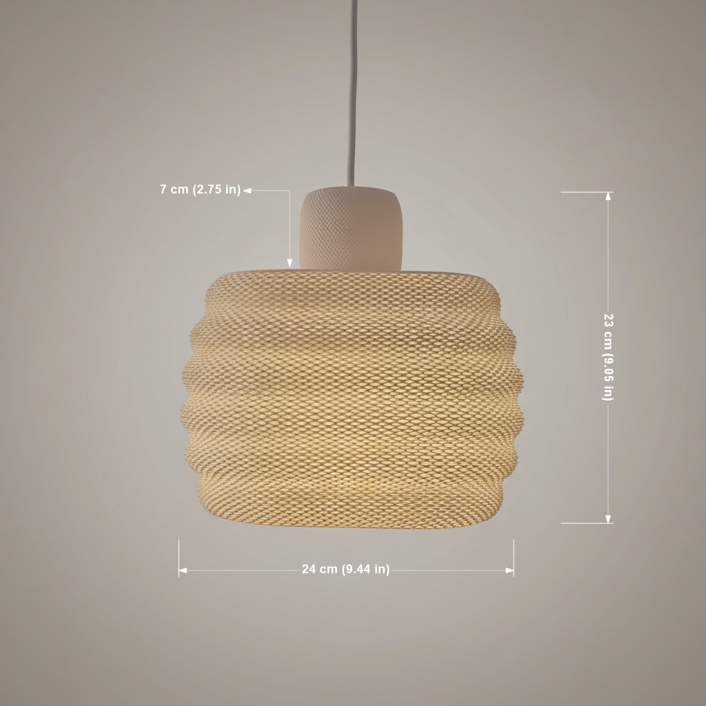 Beige woven pendant light with ripple texture shown with dimensions on a clean studio background.