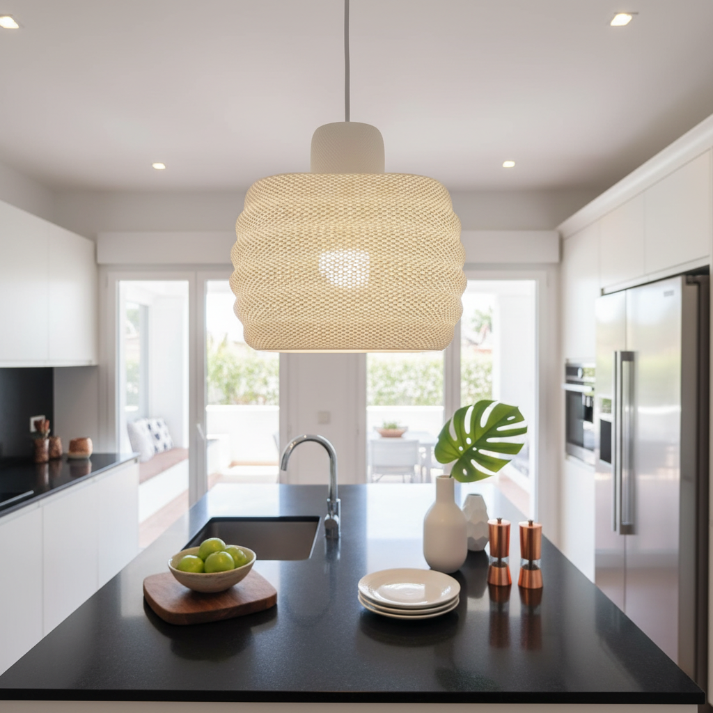 Natural woven pendant lamp centered above a modern kitchen island with black countertop.