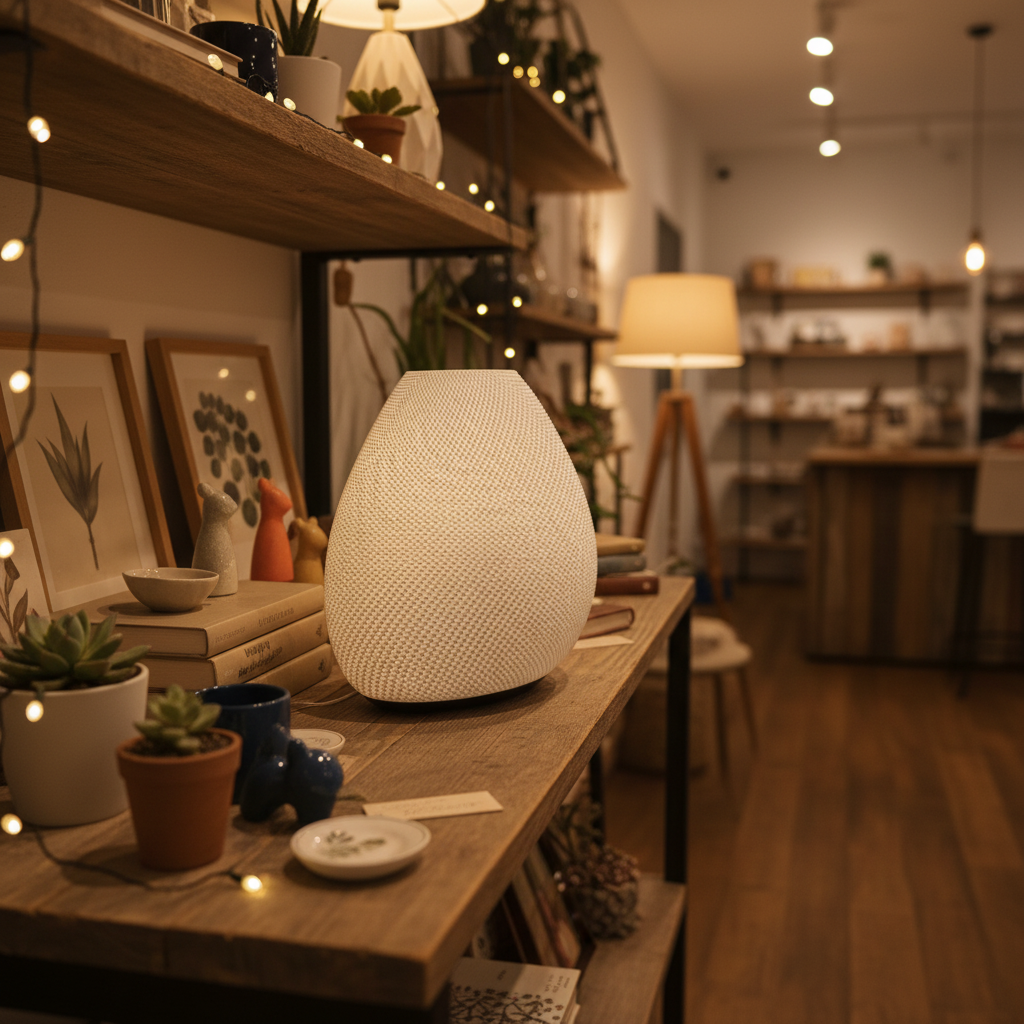 Decorative lamp on a wooden table with a cozy indoor setting