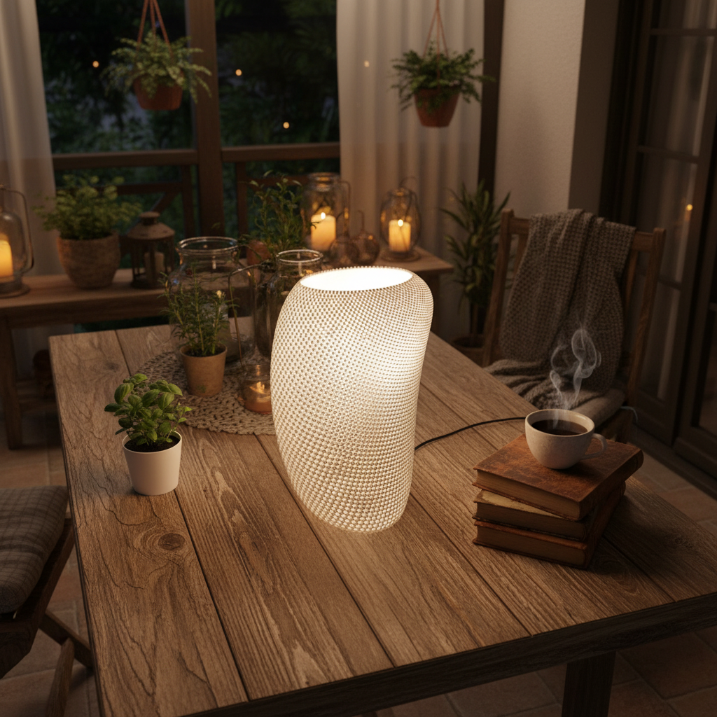 Wooden table with a textured lamp, candles, and plants in a cozy indoor setting.