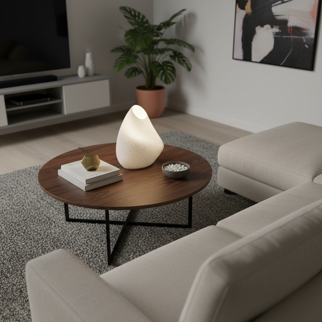 Modern living room with a round wooden coffee table, white lamp, and gray sofa.