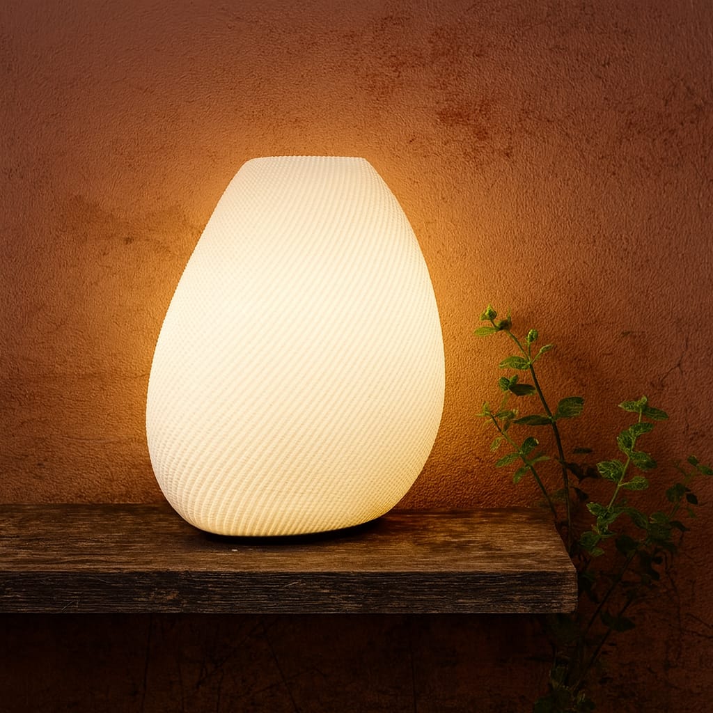 Eclipse lamp on wooden shelf next to pastel decor and bunny figure