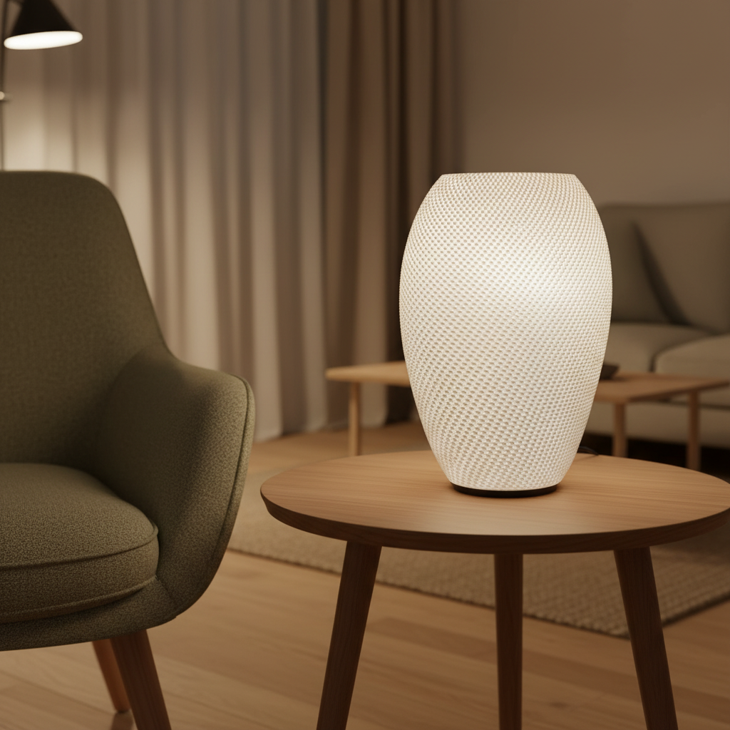 White textured table lamp on a wooden side table in a cozy living room.