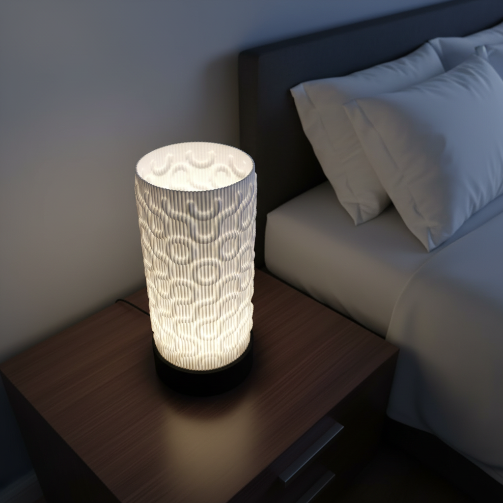 Decorative table lamp with a textured design on a nightstand next to a bed.