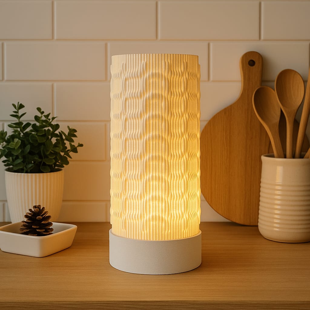 Textured table lamp on a wooden surface with kitchen items in the background