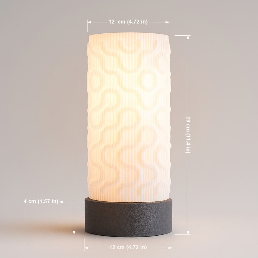 Cylindrical textured lamp with dimensions indicated on a neutral background