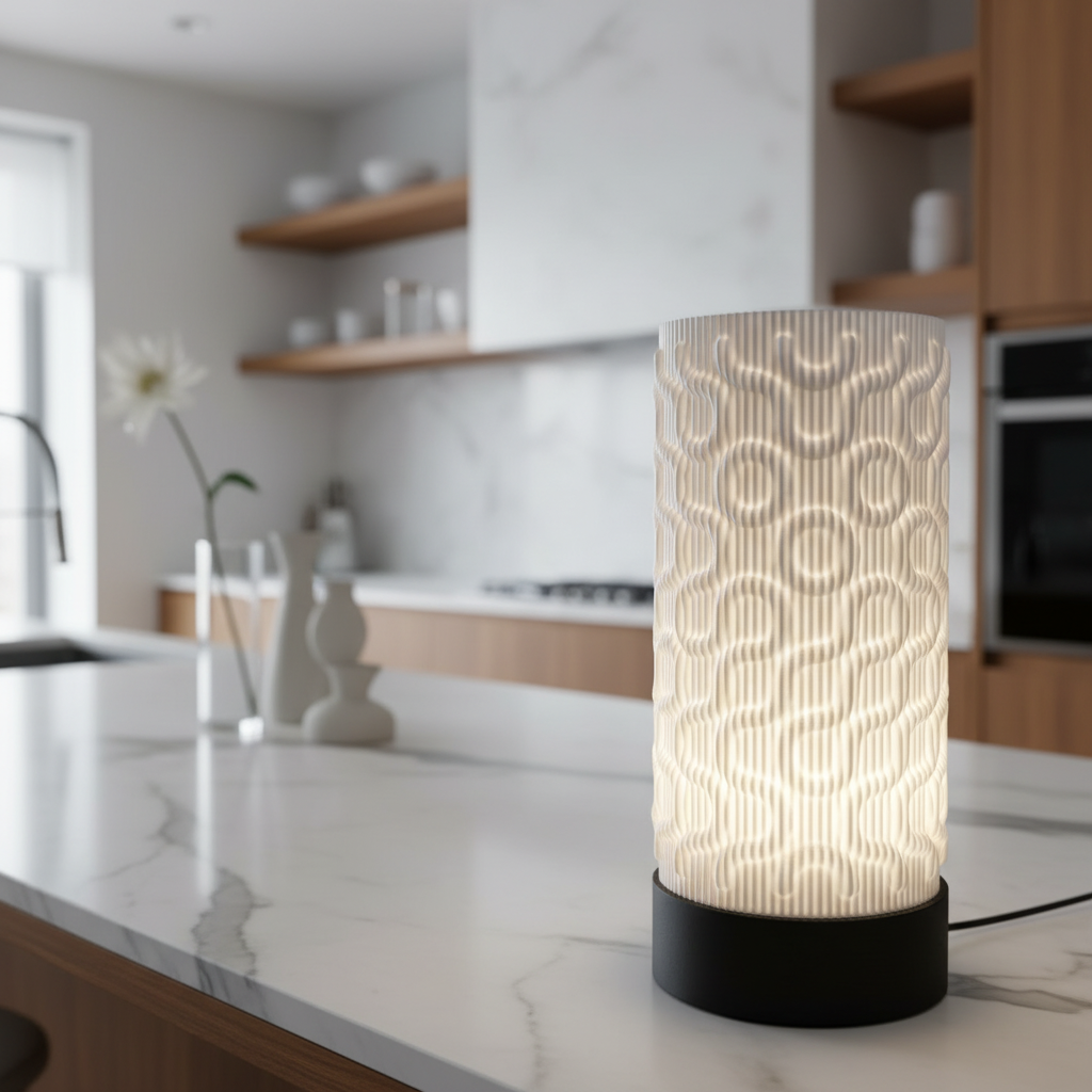 Decorative table lamp on a kitchen counter with a blurred kitchen background